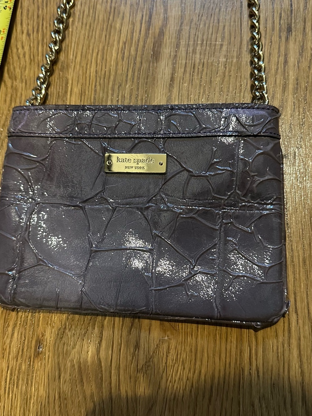kate spade dark purple croc-embossed chain crossbody with gold plaque